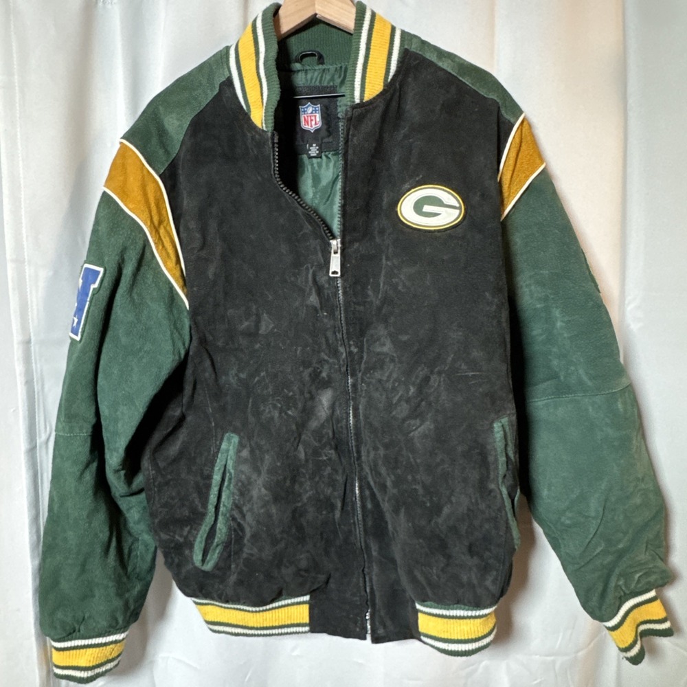 VTG G-III Green Bay Packers Suede Leather Bomber Jacket NFL Licensed Size M 90's